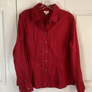 J Jill Red Button Front Top Flocking Texture Floral Design Long Sleeve Medium